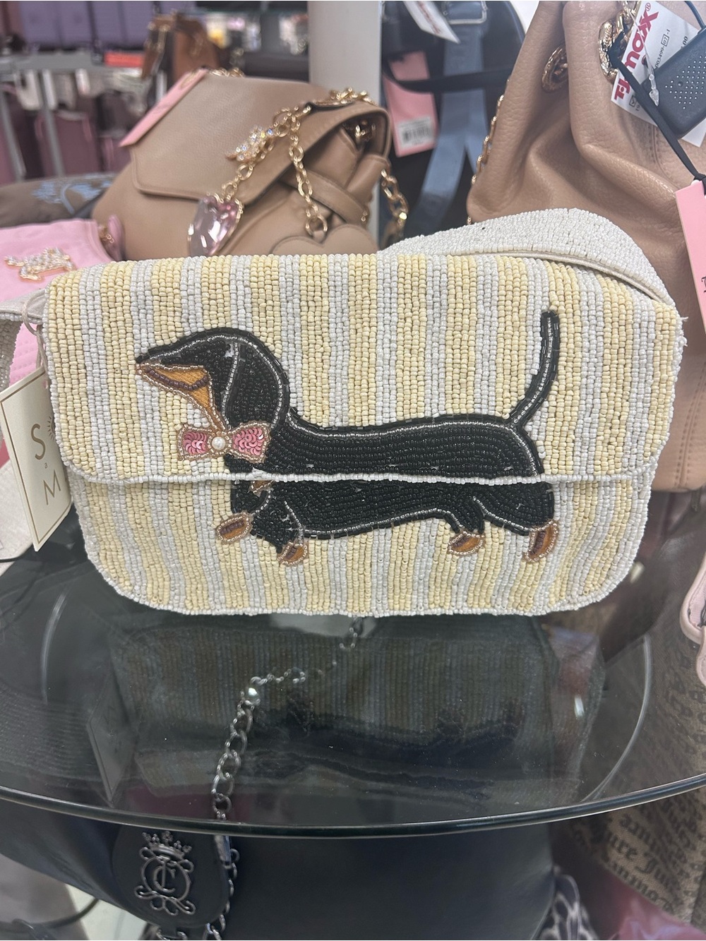 Beaded Dachshund Crossbody Bag - Black & Cream viral new nwt